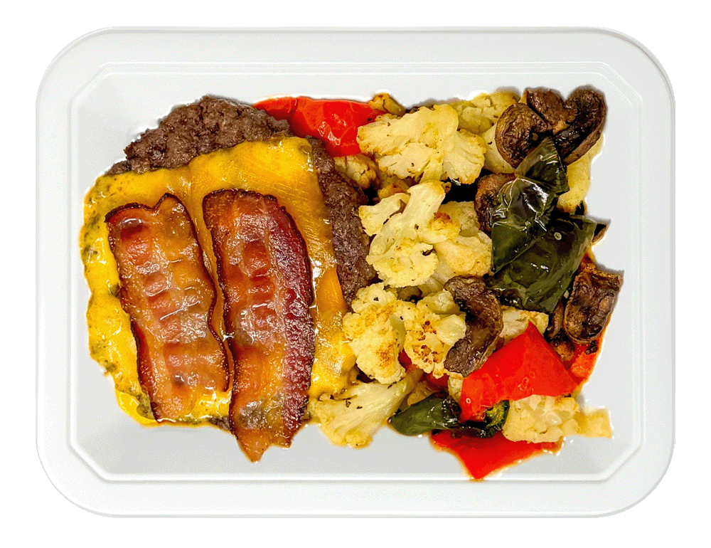 Protein-Style Bacon Cheddar Burger & Roasted Veg