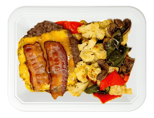 Protein-Style Bacon Cheddar Burger & Roasted Veg